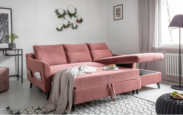 Divano letto angolare in velluto rosa, angolo destro Stylish Stan - Miuform