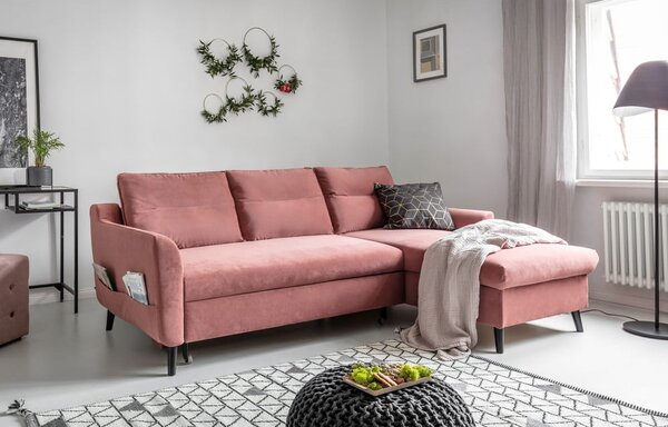 Divano letto angolare in velluto rosa, angolo destro Stylish Stan - Miuform