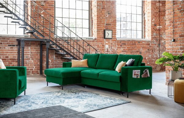 Divano letto angolare in velluto verde, angolo sinistro Lofty Lilly - Miuform