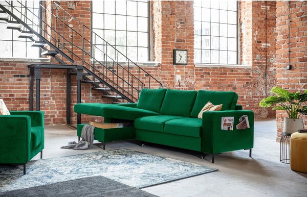 Divano letto angolare in velluto verde, angolo sinistro Lofty Lilly - Miuform