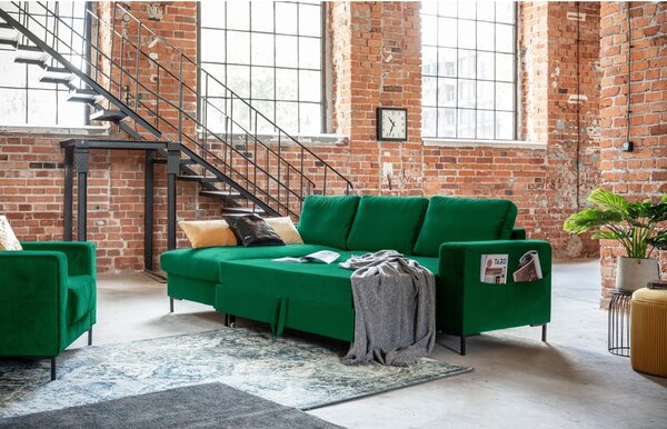 Divano letto angolare in velluto verde, angolo sinistro Lofty Lilly - Miuform