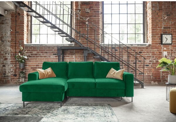 Divano letto angolare in velluto verde, angolo sinistro Lofty Lilly - Miuform