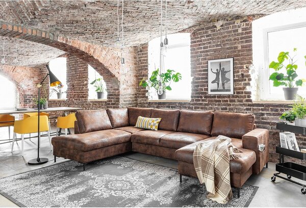 Divano letto a U marrone in similpelle Vintage, angolo sinistro Lofty Lilly - Miuform