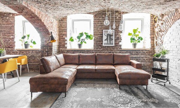 Divano letto a U marrone in similpelle Vintage, angolo sinistro Lofty Lilly - Miuform