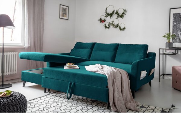 Divano letto angolare in velluto turchese, angolo sinistro Stylish Stan - Miuform