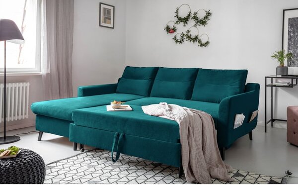 Divano letto angolare in velluto turchese, angolo sinistro Stylish Stan - Miuform