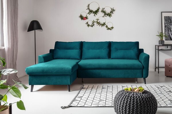 Divano letto angolare in velluto turchese, angolo sinistro Stylish Stan - Miuform