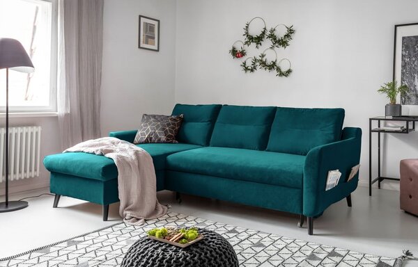Divano letto angolare in velluto turchese, angolo sinistro Stylish Stan - Miuform