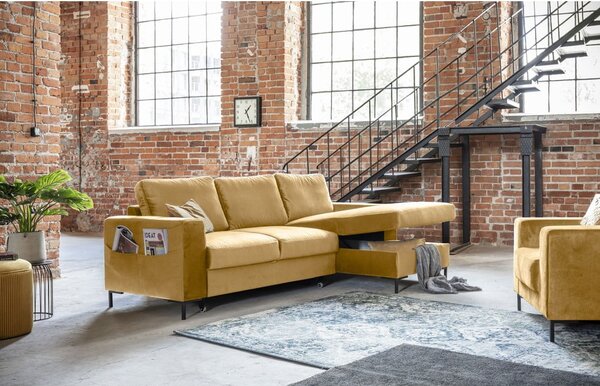 Divano letto angolare in velluto giallo senape , angolo destro Lofty Lilly - Miuform