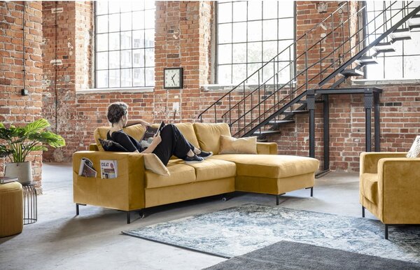 Divano letto angolare in velluto giallo senape , angolo destro Lofty Lilly - Miuform