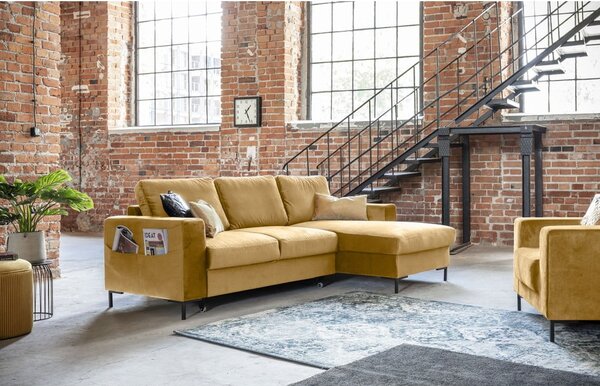 Divano letto angolare in velluto giallo senape , angolo destro Lofty Lilly - Miuform