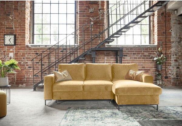 Divano letto angolare in velluto giallo senape , angolo destro Lofty Lilly - Miuform