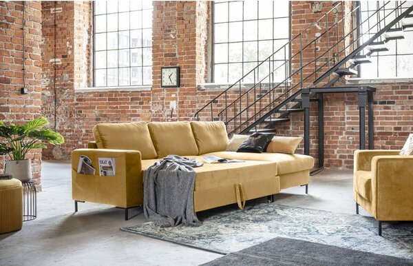 Divano letto angolare in velluto giallo senape , angolo destro Lofty Lilly - Miuform