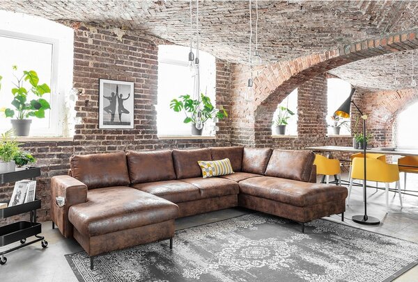 Divano letto a U marrone in similpelle Vintage, angolo destro Lofty Lilly - Miuform