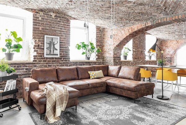 Divano letto a U marrone in similpelle Vintage, angolo destro Lofty Lilly - Miuform