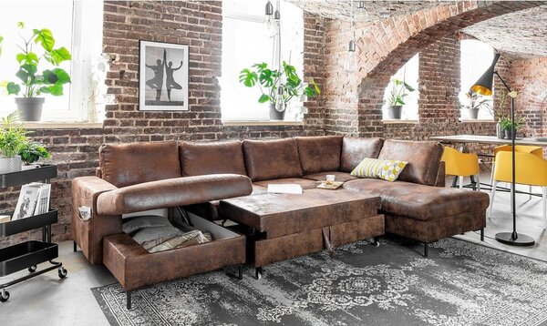 Divano letto a U marrone in similpelle Vintage, angolo destro Lofty Lilly - Miuform