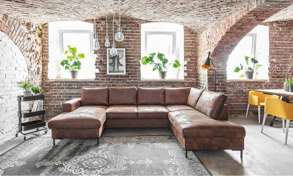 Divano letto a U marrone in similpelle Vintage, angolo destro Lofty Lilly - Miuform