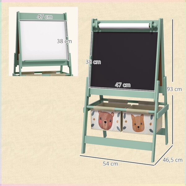 AIYAPLAY Lavagna per Bambini con Cavalletto 3 in 1 e 2 Contenitori, Età 3-8 anni, 54x46.5x93cm, Verde|Aosom
