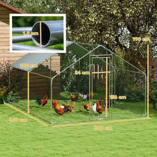 PawHut Recinto per Galline da 10.2m² per 10-15 Galline con Tetto Impermeabile, in Acciaio e Tessuto, 3x3.4x1.9 m, Argento | Aosom Italy