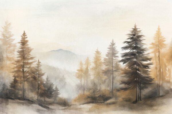 Carta da parati Dipinto raffigurante degli alberi in una foresta avvolta dalla nebbia, Carta da parati Natura, Carta da parati popolare, w09290 - Tapeko.it