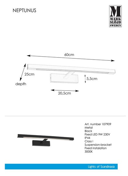 Applique a LED nera (lunghezza 60 cm) Neptunus - Markslöjd