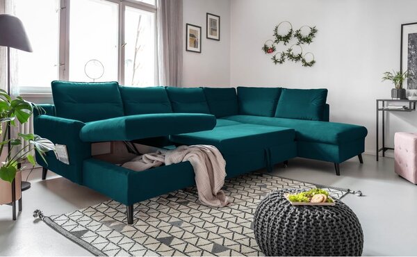 Divano letto a U in velluto turchese, angolo destro Stylish Stan - Miuform