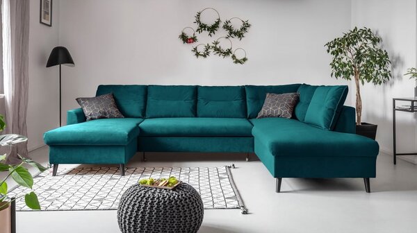 Divano letto a U in velluto turchese, angolo destro Stylish Stan - Miuform