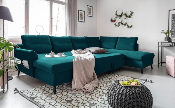 Divano letto a U in velluto turchese, angolo destro Stylish Stan - Miuform