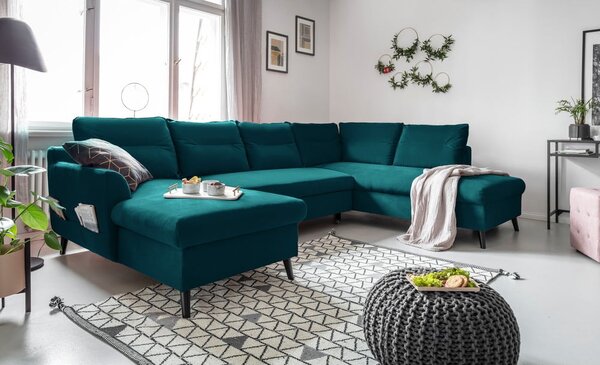 Divano letto a U in velluto turchese, angolo destro Stylish Stan - Miuform