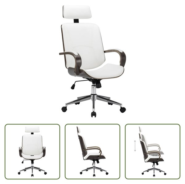 La Living Store presenta una sedia da ufficio girevole con poggiatesta, di colore bianco, realizzata in ecopelle e legno multistrato