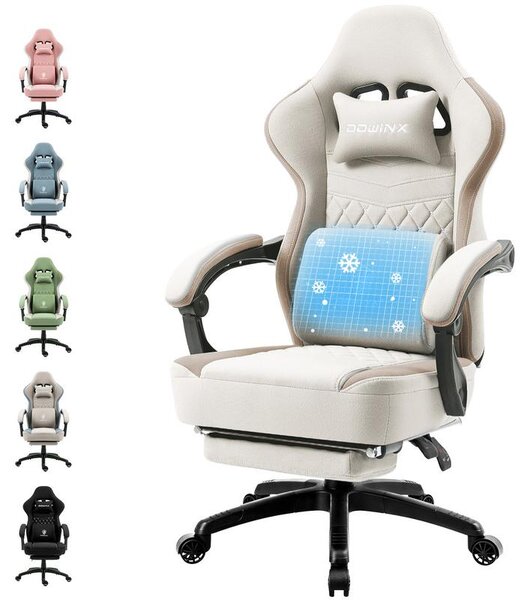 Sedia da gaming in tessuto, con imbottitura a molle insacchettate, funzione massaggio, poggiatesta e poggiapiedi, color beige