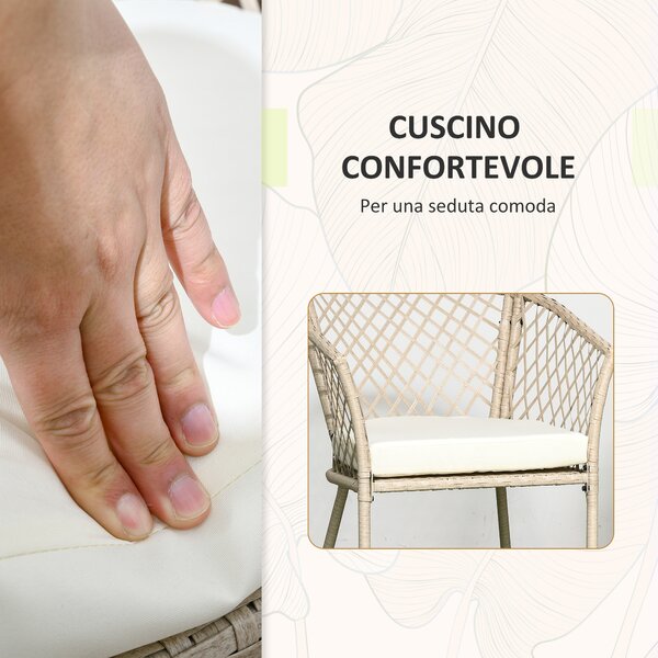 Outsunny Set da Giardino in Rattan con 2 Poltroncine con Cuscini e Tavolino da Caffè in Vetro, Khaki|Aosom