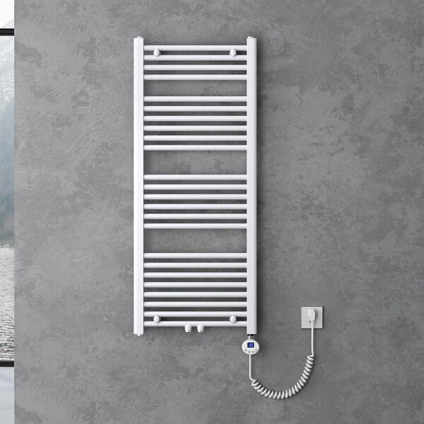 Doporro Radiatore Piatto 120x50cm con Elemento Riscaldante 600W, Radiatore Scaldasalviette Termoarredo da Bagno Riscaldamento Elettrico o da Acqua Calda RHE in Acciaio, Bianco