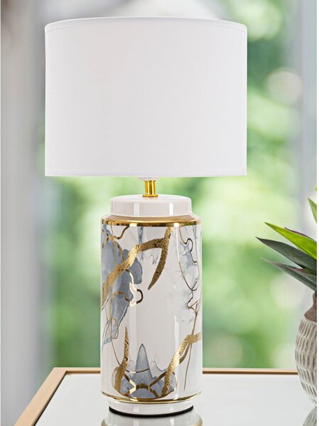 Lampada da tavolo in ceramica con paralume in tessuto bianco e oro (altezza 48 cm) Glam Abstract - Mauro Ferretti