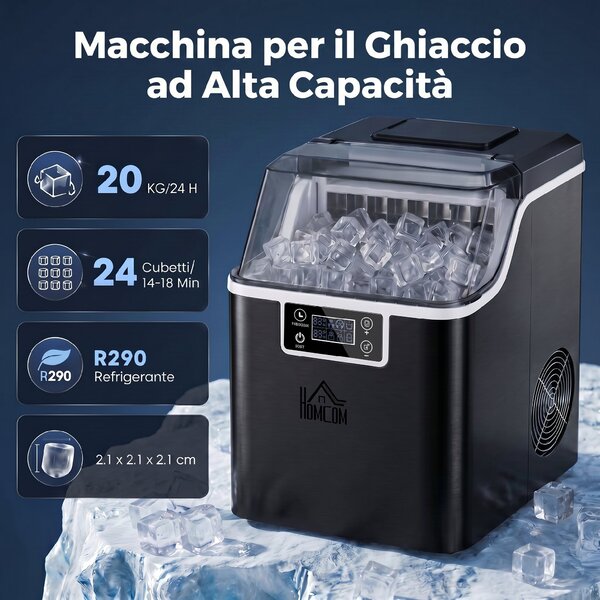 HOMCOM Macchina per Ghiaccio 20kg in 24 Ore, 24 Cubetti in 14-18 Minuti e Sistema Autopulente, Nero | Aosom Italy