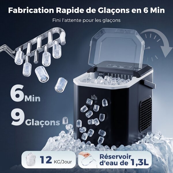 HOMCOM Macchina del Ghiaccio Autopulente da 9 Cubetti in 6-13 Minuti, in PP e Rame, 22.2x29.4x29 cm, Nera|Aosom