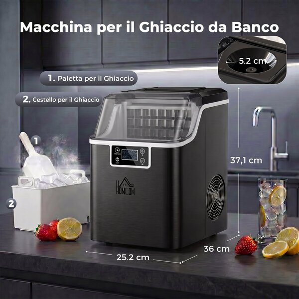 HOMCOM Macchina per Ghiaccio 20kg in 24 Ore, 24 Cubetti in 14-18 Minuti e Sistema Autopulente, Nero | Aosom Italy