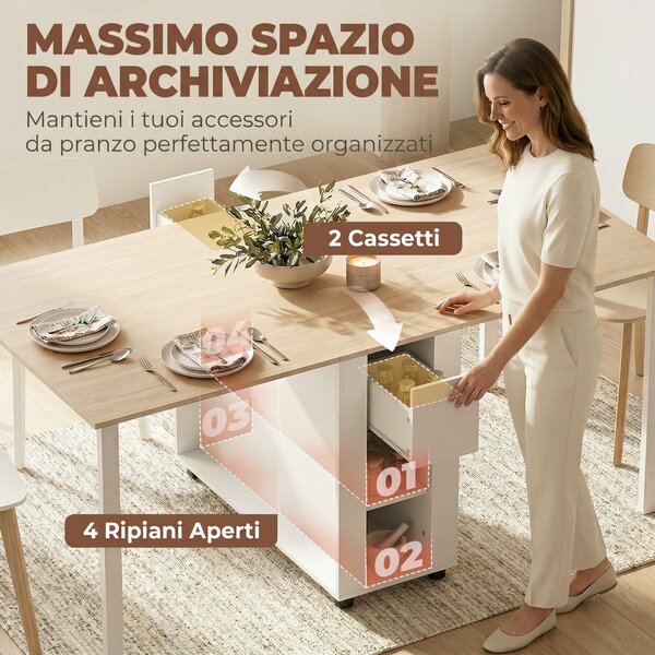 HOMCOM Tavolo Pieghevole per 6 Persone con 2 Cassetti e 4 Ripiani. | Aosom Italy