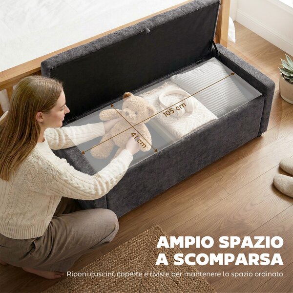 HOMCOM Cassapanca 142L Pouf Contenitore, Seduta Ampia Imbottita, in Lino, Capacità 200 kg, Grigio Scuro | Aosom Italy