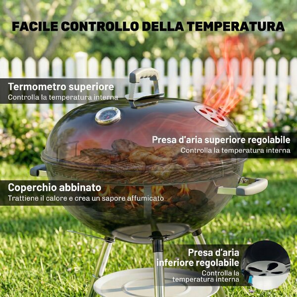 Outsunny barbecue portatile a carbone, griglia esterna rotonda con coperchio, termometro, ruote, nero. | Aosom Italy
