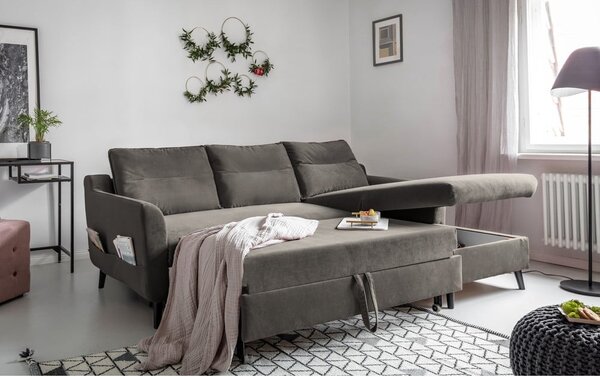 Divano letto angolare in velluto grigio scuro, angolo destro Stylish Stan - Miuform