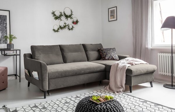 Divano letto angolare in velluto grigio scuro, angolo destro Stylish Stan - Miuform