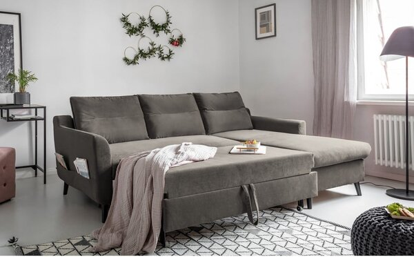 Divano letto angolare in velluto grigio scuro, angolo destro Stylish Stan - Miuform