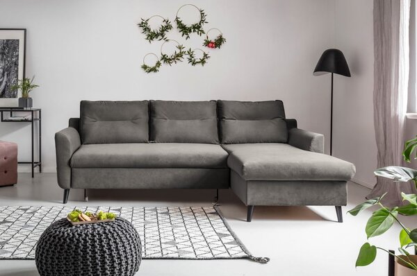 Divano letto angolare in velluto grigio scuro, angolo destro Stylish Stan - Miuform