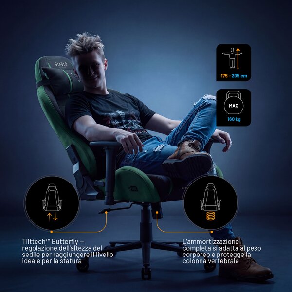 Sedia gaming in tessuto nero-verde Diablo X-One 2.0 Forest Green King