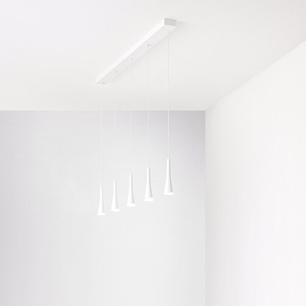 Lampadario Lineare Minimal Cone Metallo Bianco Acrilico 5 Luci Led 7W 3000K