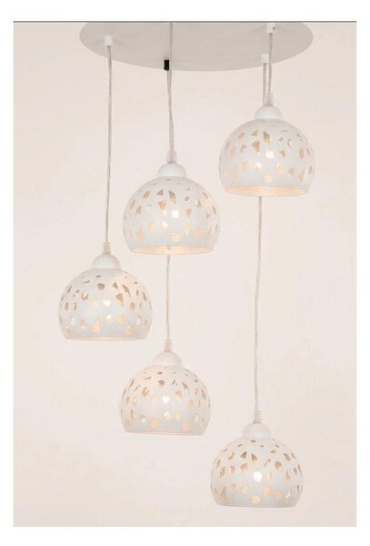 GEO SOSPENSIONE 5 LUCI D40 CM CON DIFFUSORI TRAFORATI IN METALLO BIANCO O SABBIA LAMPADINE ATTACCO E14 MODERNA