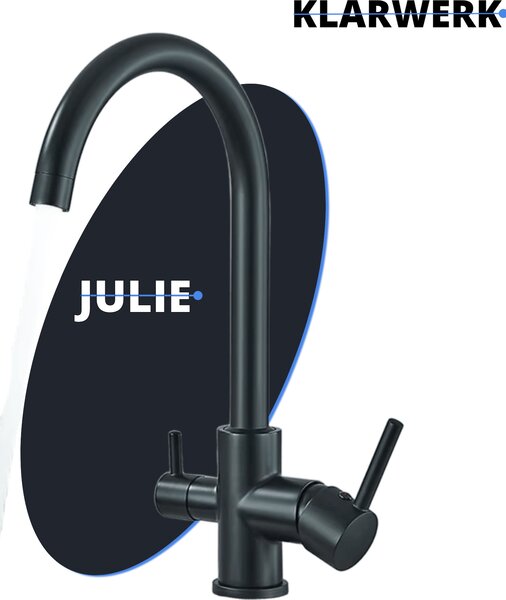 JULIE | Rubinetto per acqua potabile a 3 vie Premium nero opaco | Rubinetto da cucina in acciaio inossidabile per acqua osmotizzata | Miscelatore - orientabile a 360 gradi | Filtro con 3 attacchi