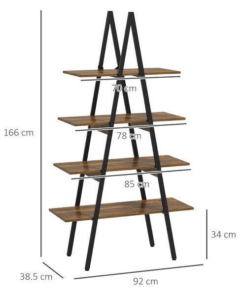 HOMCOM Libreria a Scala ad A con 4 Scaffali, Struttura Robusta in Metallo, per Soggiorno, Salotto e Camera da Letto, Marrone, 92x38.5x166cm | Aosom