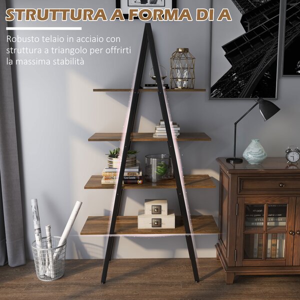 HOMCOM Libreria a Scala ad A con 4 Scaffali, Struttura Robusta in Metallo, per Soggiorno, Salotto e Camera da Letto, Marrone, 92x38.5x166cm | Aosom